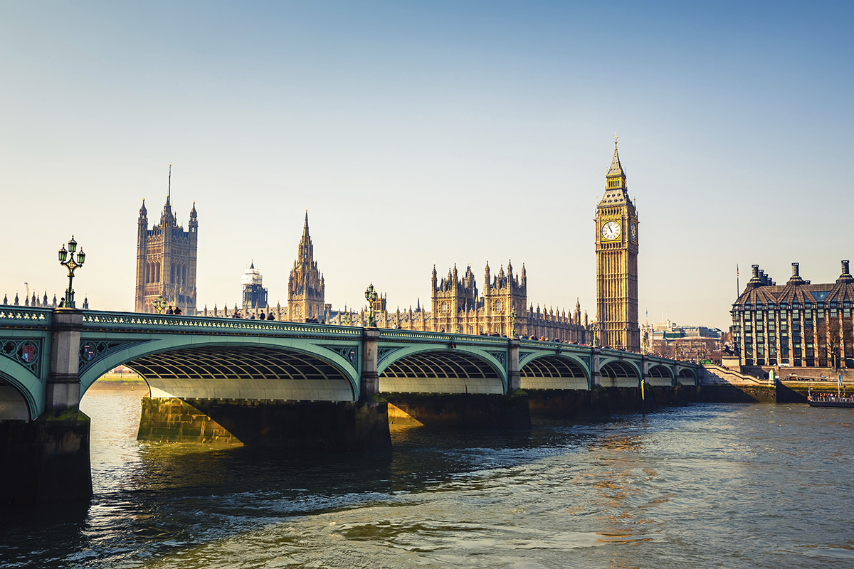 Big Ben and Houses of Parliament and Portcullis House from Westminster Bridge